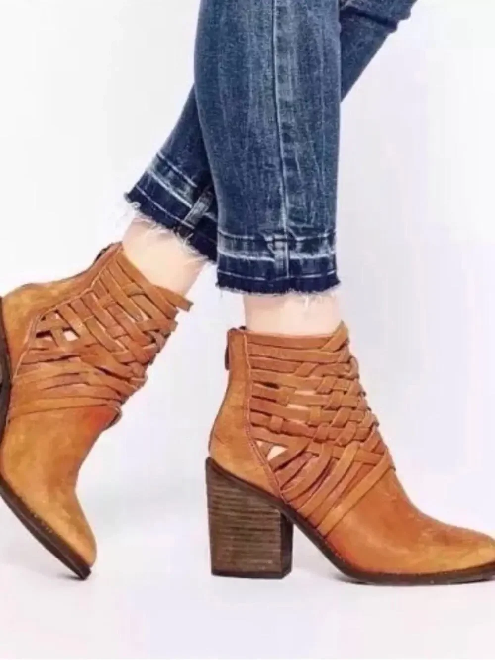 Free People Women's Carrera Leather Tan Strappy Zip Ankle Boots $198 EU 38 US 8